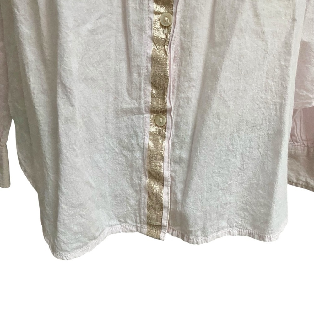 Free People Blush Pink Metallic Trim Cotton Button Down Blouse L Boho Top - Picture 7 of 16